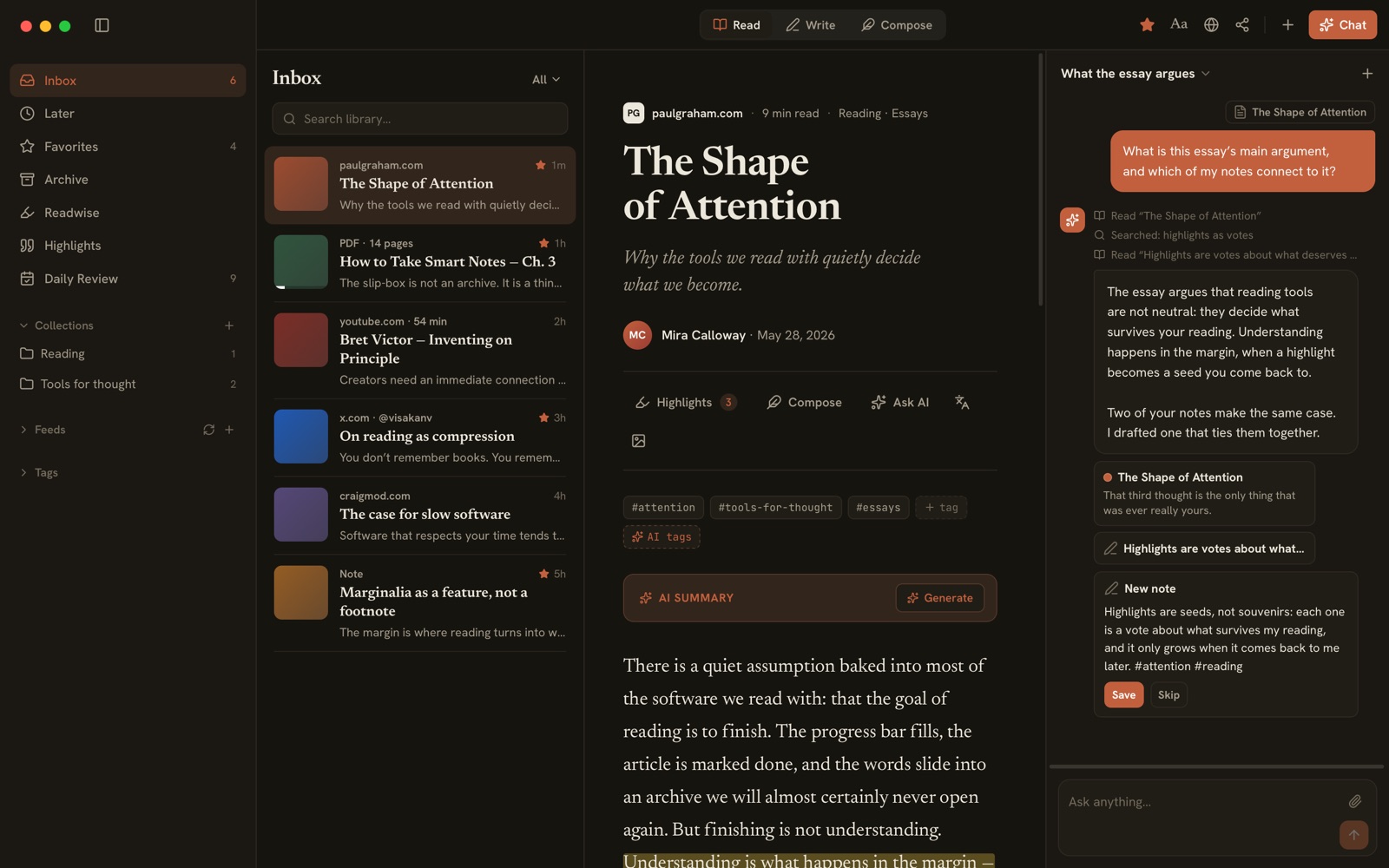 The Conversation panel beside the open essay: a question about its argument, the AI's answer, the library search and items it read, two source cards and a proposed note with Save and Skip.
