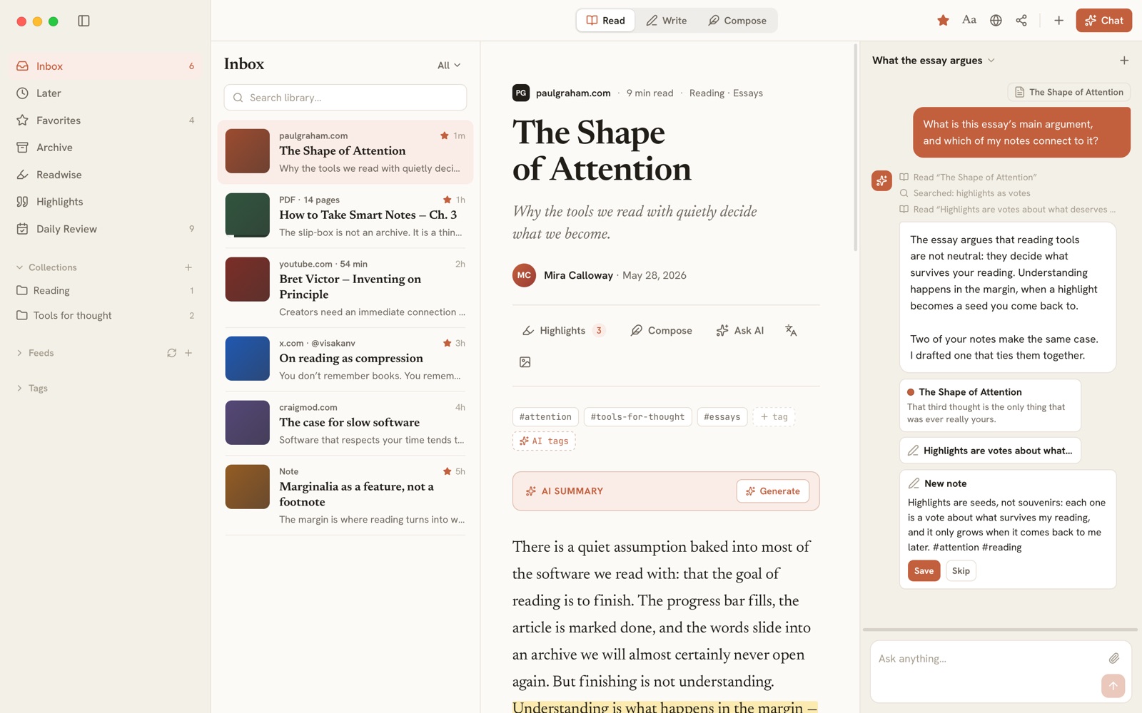 The Conversation panel beside the open essay: a question about its argument, the AI's answer, the library search and items it read, two source cards and a proposed note with Save and Skip.