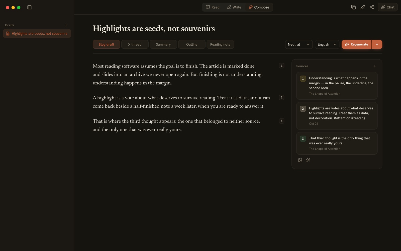 A Draft in the Create workspace: its paragraphs, each marked with the number of the highlight or note it draws on, and the list of those sources.
