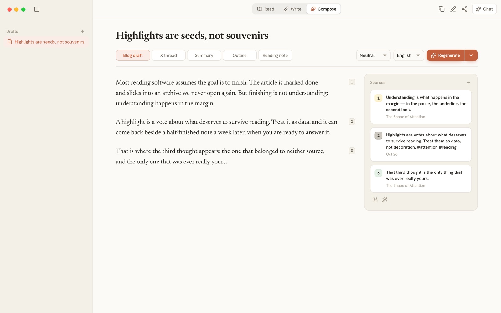 A Draft in the Create workspace: its paragraphs, each marked with the number of the highlight or note it draws on, and the list of those sources.