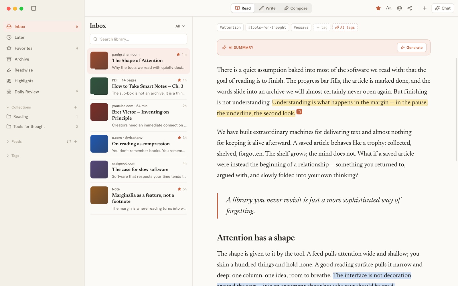 The Read workspace: the Inbox of saved articles, a PDF, a video and a post, beside an open essay with three passages highlighted in amber, blue and green.