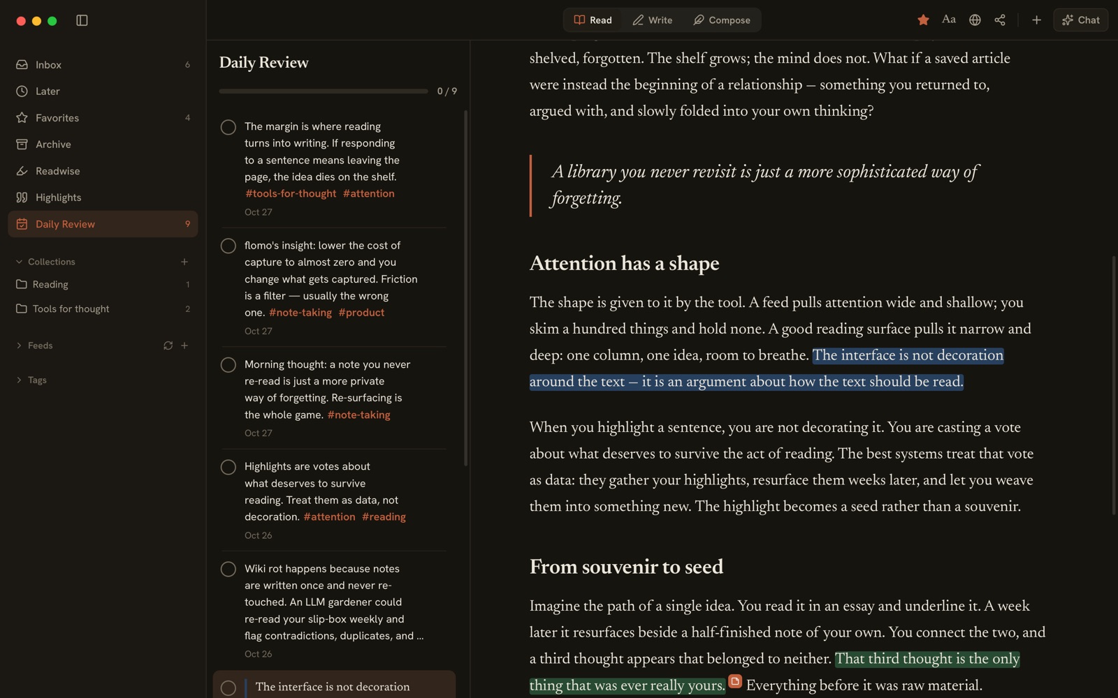 Daily Review: today's highlights and notes in a list with the day's progress, and the article of the selected highlight open beside it.