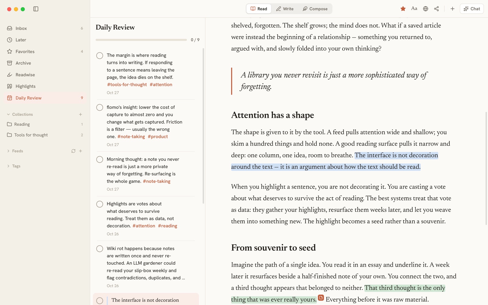 Daily Review: today's highlights and notes in a list with the day's progress, and the article of the selected highlight open beside it.