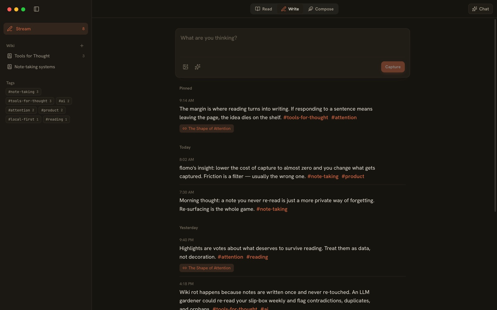 The Write workspace: a box to capture a note, and a stream of notes by day, one pinned, with tags and links to the articles they came from; wiki pages and tags in the sidebar.