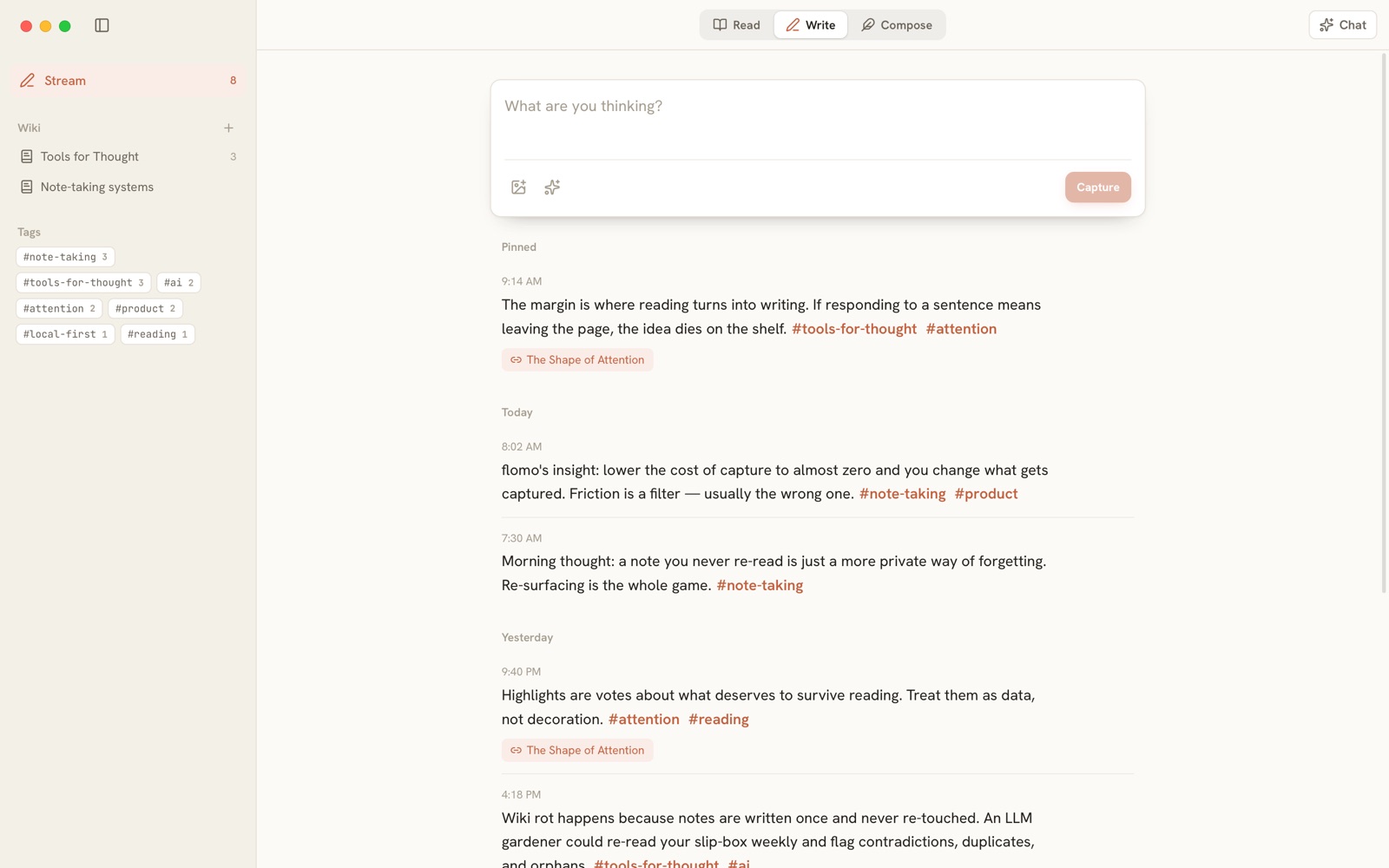 The Write workspace: a box to capture a note, and a stream of notes by day, one pinned, with tags and links to the articles they came from; wiki pages and tags in the sidebar.